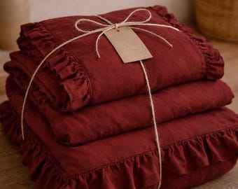 Burgundy Linen Ruffle Duvet Cover Set, Rustic Bedding, Soft Washed Linen Comforter Cover Quilt Cover,King Queen Bedding Set Linen Bed Cover