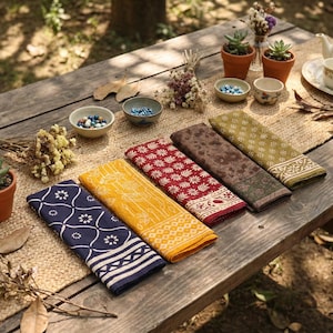 May include: A rustic wooden table displays a collection of patterned fabric napkins in shades of blue, yellow, red, brown, and green. Small potted succulents, tea set, and decorative bowls add to the scene. The napkins are folded and arranged on a natural fiber runner.
