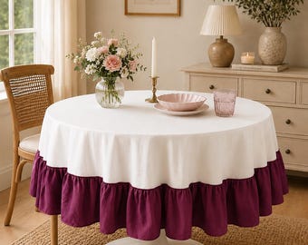 Mantel redondo blanco y ciruela, cubierta redonda de estilo rústico, mantel elegante con volantes, mantelería de comedor estilo cottagecore, decoración de mesa para bodas