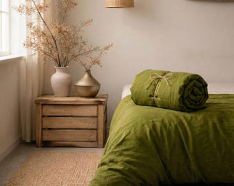 3 Piece Linen Bedding Set Olive Green Duvet and Stonewashed Quilt Cover King Size Queen Bedding Size Comforter Cover King Queen Duvet Cover