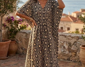 Boho Kaftan Kleid mit Blockprint, Handgefertigter Maxi Kaftan aus Baumwolle, Übergroße Strandvertuschung, Resort Wear Frauen Kleid, Loose Fit Lounge Kaftan |