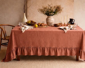 Mantel de lino con volantes de secuoya, mantel rústico de granja, mantel de comedor rojo terracota, decoración para bodas y fiestas.