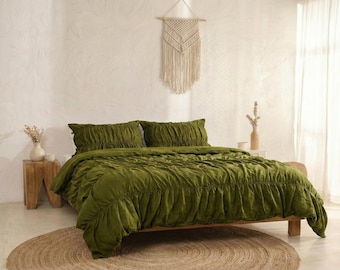 Olive Green Cotton Wrinkle Duvet Cover Boho King Queen Full Duvet Cover Set Cozy bedding King Bedding Comforter Cover, Bohemian Duvet Cover