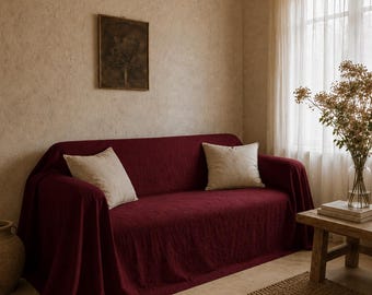 Burgundowy pokrowiec na sofę, pokrowiec na sofę, rustykalny wystrój salonu, minimalistyczny narzut na sofę, miękki bawełniany pokrowiec na sofę, ochraniacz na sofę w stylu rustykalnym |