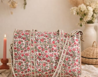 Handmade Green Floral Cotton Quilted Duffle Bag Block Print Travel Bag Adjustable Handle Weekend Gym Yoga Bag Women Boho Print Duffle Bag