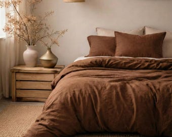 Coco Brown Linen Duvet Cover Stonewashed Linen Duvet Twin Full Softened Quilt Cover,King Queen Bedding Set Natural Linen Comforter Cover