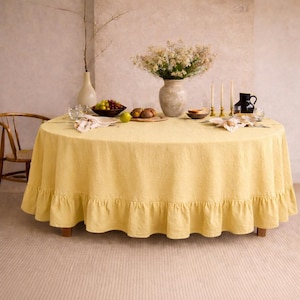 Yellow Round Tablecloth with Ruffle Edge, Linen Dining Table Cover, Rustic Farmhouse Table Decor, Soft Pastel Dining Setup |