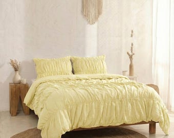 Yellow Pastel Cotton Wrinkle Duvet Cover Boho King Queen Full Duvet Cover Cozy bedding Dorm Bedding Comforter Cover, Bohemian Duvet Cover