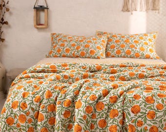 Hand Block Print Cotton Quilt, Orange Pomegranate Floral Razai, Bedspread Queen King Full floral quilt, bohemian quilt Cotton Bedding Set