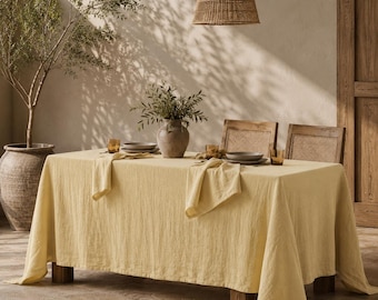 Tischdecke aus pastellgelbem Leinen, weiche Tischdecke aus gewaschenem Leinen, strukturierte Esstischdecke, Landhausküchendekoration, Tischdekoration für Hochzeiten |