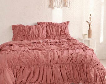 Dusty Rose Wrinkled Duvet Cover Set, Soft Washed Linen Look Bedding, Lightweight Breathable Comforter Cover with Matching Pillow Shams |