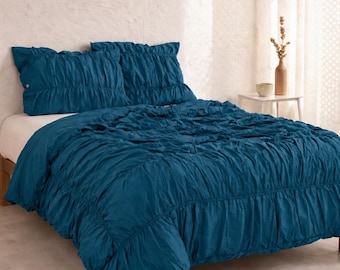 Teal Blue Ruffled Duvet Cover Set, Soft Bedding set, Boho Chic Bedspread with Pillow Covers, Handmade Look Bedroom Decor |