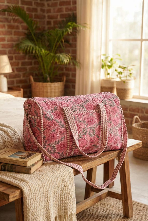 Handmade Pink Floral Cotton Quilted Duffle Bag,Block Print Travel Bag,Adjustable Handle Weekend Gym Yoga Bag for Women Boho Print Duffle Bag