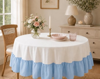Toalha de mesa estilo fazenda branca e azul celeste, roupa de mesa para sala de jantar em estilo cottagecore, toalha de mesa com saia franzida, decoração romântica para cozinha |