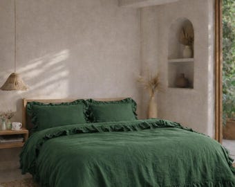 Dark Green Linen Ruffle Duvet Cover Set, Rustic Farmhouse Bedding, Washed Linen Comforter Cover with Ruffled Edges, Boho Bedroom Decor |