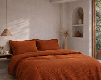 Burnt Orange Waffle Duvet Cover Set, Rust Bedding, Cotton Waffle Blanket Style King queen Full Duvet Covers Bedding Set with Pillow Covers