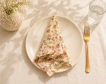 Elegantes Blumen Baumwoll Servietten Set, Beige Hand Block Print Dinner Servietten, Weiche Servietten für Hochzeit, Party, Küche Esszimmer Dekor |