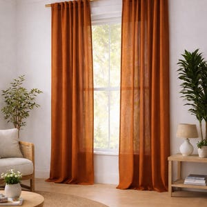 May include: Two burnt orange linen curtains hang from a gold rail in front of a window. The curtains frame an outdoor view. A round jute rug and a small side table with a lamp are in the room.