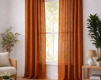 Rust Orange Linen Curtain Panels, Rustic Boho Window Curtains, Semi Sheer Farmhouse Drapes, Tab Top Window Panel |