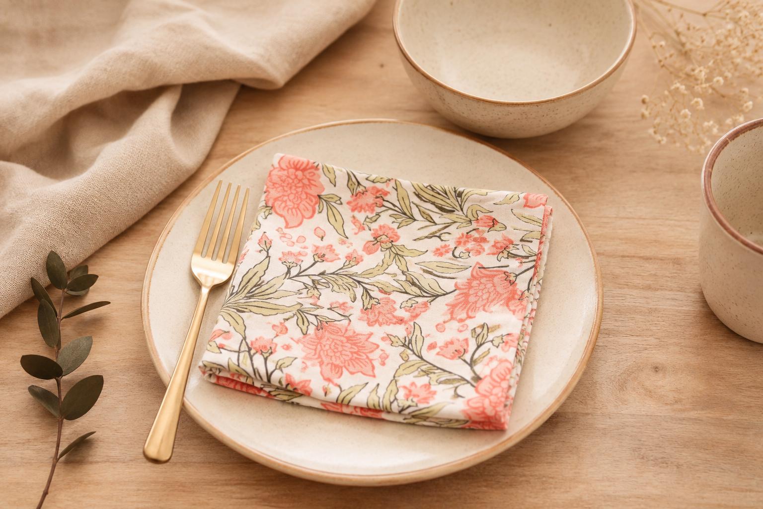Hand Block Print Cloth Napkins, Floral Cotton Dinner Napkins