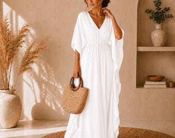 Biała sukienka kaftan dla kobiet, narzutka plażowa w stylu boho, zwiewna sukienka maxi kaftan, kaftan na wakacje, luźna sukienka letnia, strój na wakacje |