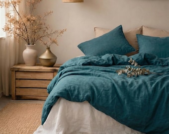 3Piece Linen Bedding Set Teal Blue Duvet and Stonewashed Quilt Cover King Size Queen Bedding Size Comforter Cover King Queen DUVET COVER SET