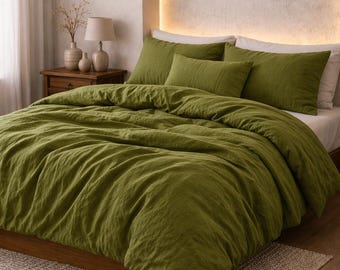 Olive Green Linen Duvet Cover Bundle, Rustic Bedding Set, Soft Washed Cotton Duvet, Minimalist Bedroom Decor, Earth Tone Bedding Gift |