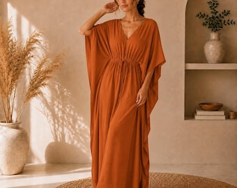 Sukienka kaftan w stylu boho w kolorze terakoty dla kobiet, luźny, długi kaftan, narzutka plażowa, sukienka na wakacje, strój domowy, letni kaftan |