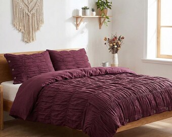 Plum Color Cotton Wrinkle Duvet Cover Boho King Queen Full Duvet Cover Cozy bedding Dorm Bedding Comforter Cover, Bohemian Duvet Cover