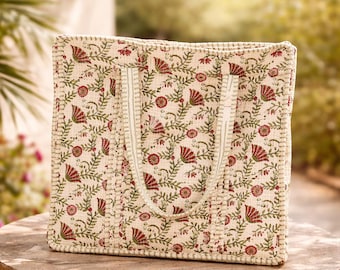 Floral Quilted Tote Bag, Handmade Cotton Shoulder Bag, Lightweight Market Tote, Reusable Grocery Bag, Gift for Her Shopping & Travel Tote