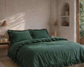 Emerald Green Ruffled Linen Duvet Cover Set Ruffle Comforter Cover Donna Duvet Set pillow Quilt Cover,King Queen Bedding Set Linen Bed Cover