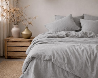 Light Grey Linen Duvet Cover Set, Washed Linen Bedding Set, Soft Neutral Bedding, Minimalist Bedroom Decor, Cozy Farmhouse Bedding |