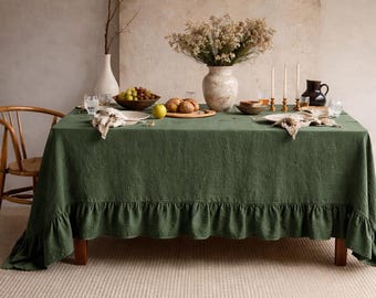 Mantel 100% lino puro. Mantel de lino suave lavado. Mantel de lino lavado a la piedra verde bosque, tamaño personalizado. Mantel de comedor natural.