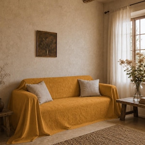 Mustard Yellow Couch Cover, Sofa Slipcover, Linen Couch Throw, Farmhouse Living Room Decor, Rustic Sofa Protector, Minimalist Couch Cover |