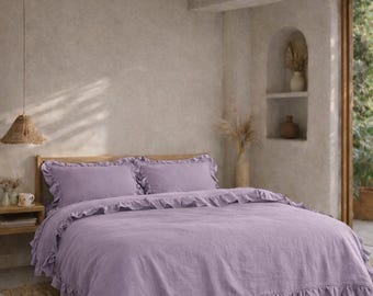 Lavender Linen Ruffle Duvet Cover Set – Soft Washed Purple Bedding with Pillow Shams, Romantic Boho Farmhouse Bedroom Decor