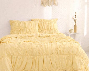 Pastel Yellow Ruffle Duvet Cover Set, Soft Washed Cotton Boho Chic Bedding, Ruched Duvet with Pillow Shams, Minimalist Bedroom Decor |