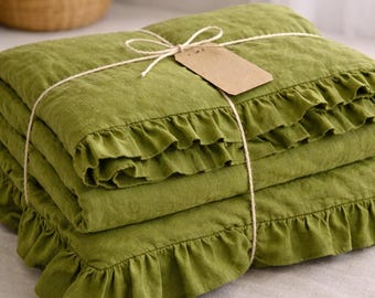 Olive Green Linen Ruffle Duvet Cover Set – Soft Washed Linen Bedding with Pillow Shams | Quilt Cover,King Queen Bedding Set Linen Bed Cover