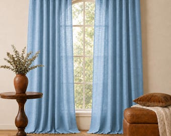 Hellblaue Leinen-Vorhänge mit Bindebändern, weiche, einfarbige Leinen-Vorhänge, Fensterdekoration im Landhausstil, Schlafzimmerdeko im Cottagecore-Stil, Boho-Vorhänge |