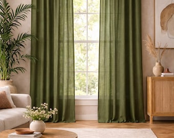 Olive Green Linen Curtains, Natural Linen Window Drapes, Farmhouse Curtain Panels, Boho Living Room Curtains, Light Filtering Linen Drapery|