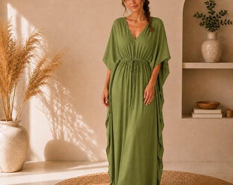 Olivgrünes Kaftan Kleid, Boho Maxi Kaftan, Loose Fit Kaftan, Resort Wear Kleid, Strand Cover Up, Brautjungfer Kaftan, Plus Size Lounge Kleid |