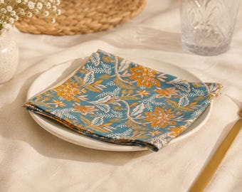Handbedruckte Baumwollserviette, blaue Tischserviette mit Blumenmuster, Servietten mit indischem Blockdruck, Stoffservietten für das Abendessen, Boho-Küchendekor |