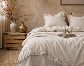Ruffled Linen Duvet Cover Set, Washed Linen Bedding, Cottagecore Bedding, Farmhouse Bedspread, Romantic Bedroom Decor, Cream White Duvet Set