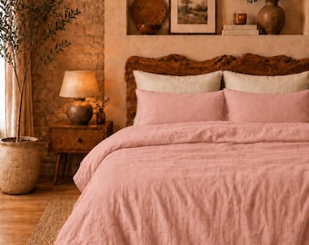 Blush Pink Linen Duvet Cover Set, Stone Washed Bedding Set, Luxury Minimalist Bedding, Farmhouse Bed Linen, Breathable Quilt Cover |