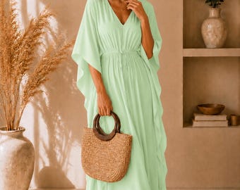 Elegante caftán largo verde menta para mujer, caftán bohemio fluido para vacaciones en la playa con cintura ajustable con cordón, vestido de noche ligero de verano.