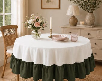 Mantel redondo con volantes verde musgo oscuro, cubierta redonda blanca para mesa, mantelería de comedor estilo rústico, mantel cottagecore, decoración para bodas /