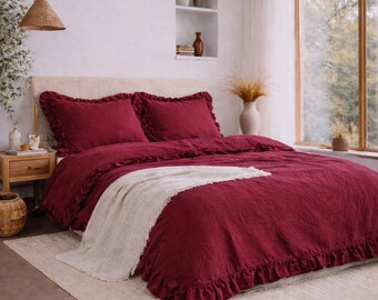 Burgundy Linen Duvet Cover Set with Ruffles, Soft Washed Bedding Bundle, Rustic Bedroom Decor |
