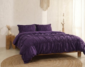 Dark Purple Cotton Wrinkle Duvet Cover Boho King Queen Full Duvet Cover Cozy bedding Dorm Bedding Comforter Cover, Bohemian Duvet Cover