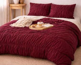 Burgundy Textured Duvet Cover with Pillow Boho King Queen Full Duvet Cover Cozy bedding Dorm Bedding Comforter Cover, Bohemian Duvet Cover