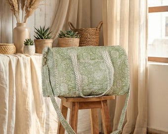 Handmade Green Floral Cotton Quilted Duffle Bag,Block Print Travel Bag,Adjustable Handle Weekend Gym Yoga Bag Women Boho Print Duffle Bag