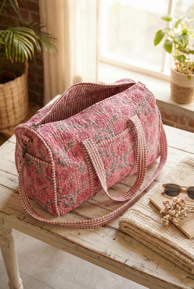 May include: Pink floral print quilted duffel bag with a matching shoulder strap and handles. The bag has a zippered top and a side pocket. The bag is sitting on a white wooden table.